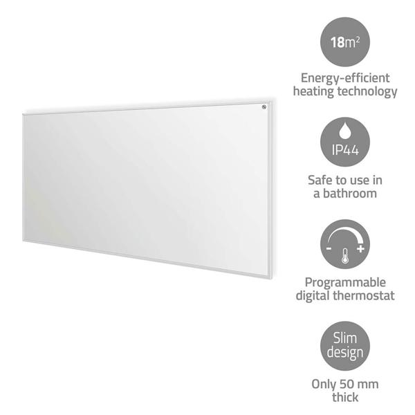 Flexibel einsetzbare WLAN Infrarotheizung mit programmierbaren digitalen Thermostat, Stand- & Wandmontage, 700W, Fernbedienung, App, weiss