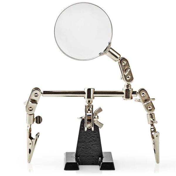 Montageständer mit Lupe - Platinenhalter mit 2 flexiblen Krokodilklemmen - Löten Modellbau Basteln Reparatur - Schwerer Gussständer 8 Gelenke