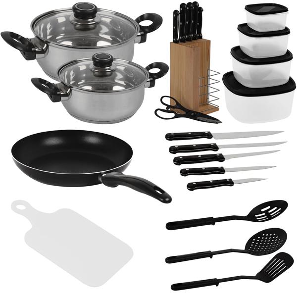 Umfangreiche Koch-Erstausstattung: Bratpfanne, Töpfe, Schneidebrett, Kochlöffel, Messerblock & mehr – ideal für Küche, Haushalt & Einsteiger