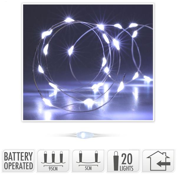 Lichter Silberdraht - Indoor Deko mit 20 hell-weissen LEDs - Batteriebetrieben 1,5V - 95 cm Länge - Dünne Lichterkette für Weihnachtsschmuck & ganzjährige Romantik