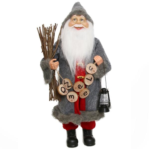 Weihnachtsmann Deko Figur - Samichlaus Santa mit Welcome Kette, 45 cm - festliche Weihnachtsdekoration grau-rot für Zuhause & Gewerbe