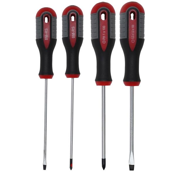 Schraubendreher-Set 4-tlg. - Chrom-Vanadium-Stahl - Ergonomische Griffe für ermüdungsfreies Arbeiten - 2x Schlitz (SL5x100mm, SL3x100mm)