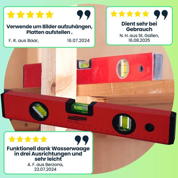 Robuste 30cm Wasserwaage (rot/schwarz) mit 3 Libellen – Zuverlässiges Messwerkzeug für Heimwerker und Profis