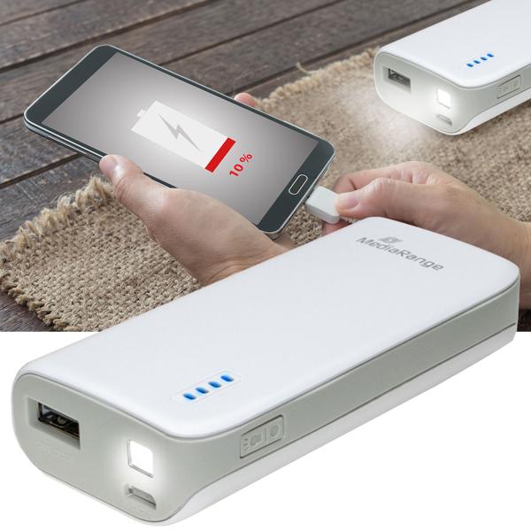 Powerbank 5.200mAh - Mobiles Ladegerät mit integrierter LED-Taschenlampe - USB-A - Für Smartphone, Tablet & mehr - Weiss/Grau - 90x40x22 mm - 105g