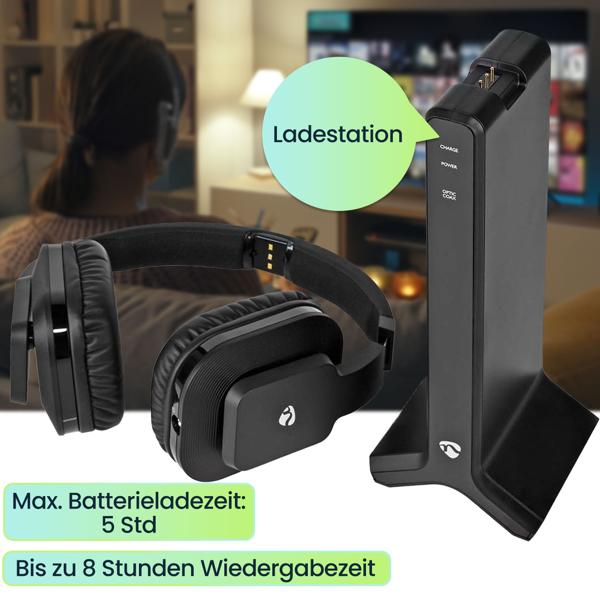 Kabelloser Funk Stereo Fernsehkopfhörer, 25 m Reichweite, TV-Headphones mit Ladestation, Verstellbarer Kopfbügel, gepolsterte Ohrmuscheln