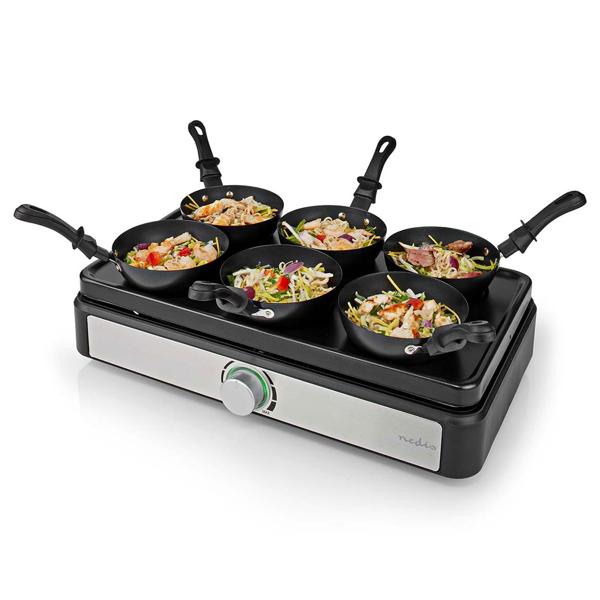 Komfortables Party-Wok-Set für 6 Personen, 600 Watt – 6 Mini-Woks, auch für Crêpes oder Omeletts, mit Temperaturregler, antihaftbeschichtet