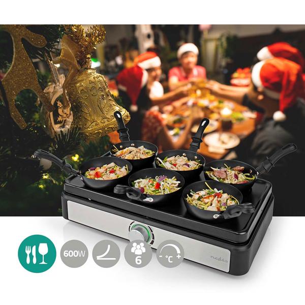 Komfortables Party-Wok-Set für 6 Personen, 600 Watt – 6 Mini-Woks, auch für Crêpes oder Omeletts, mit Temperaturregler, antihaftbeschichtet