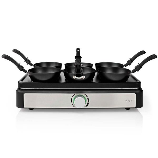 Komfortables Party-Wok-Set für 6 Personen, 600 Watt – 6 Mini-Woks, auch für Crêpes oder Omeletts, mit Temperaturregler, antihaftbeschichtet