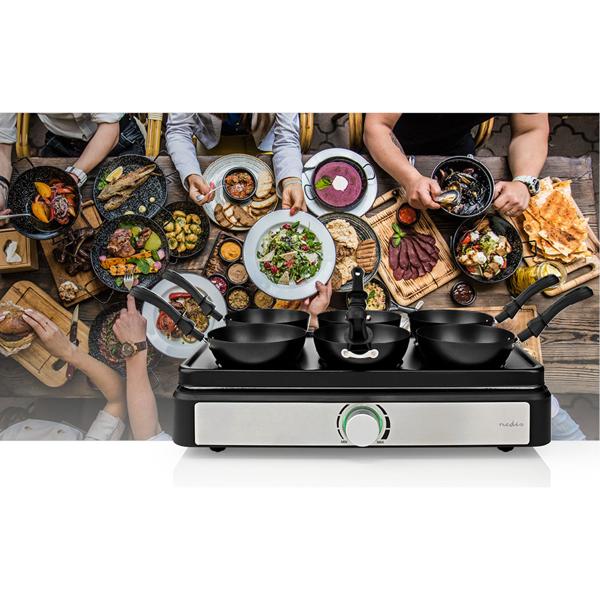 Komfortables Party-Wok-Set für 6 Personen, 600 Watt – 6 Mini-Woks, auch für Crêpes oder Omeletts, mit Temperaturregler, antihaftbeschichtet