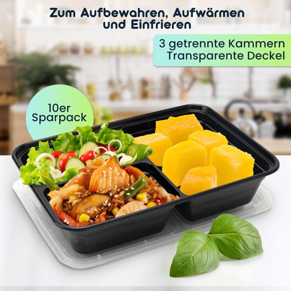 20 Meal Prep Boxen m. Deckel u. 3 Fächern, Bento-Boxen für 1,2 l, wiederverwendbare Essensboxen für Mitnahme, Aufbewahrung und Einfrieren 
