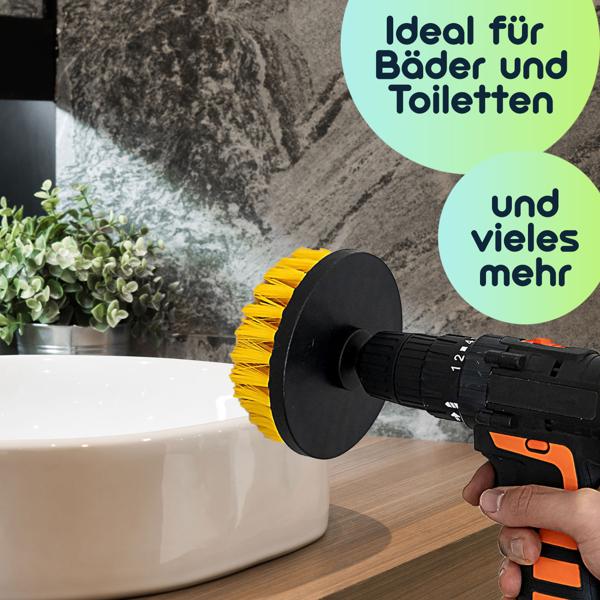 8er Reinigungsbürsten-Spar-Set für Akkuschrauber & Bohrmaschine, gelb/schwarz, Drill Brush Reinigungskit ideal für Küche, Bad, Felgen, Auto