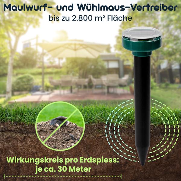 Hocheffizienter Maulwurf- und Wühlmaus-Vertreiber, 16er Mega Spar Pack, Erdspiesse, solarbetrieben, bis 11200 m², IP44, umweltschonend, ohne Chemie