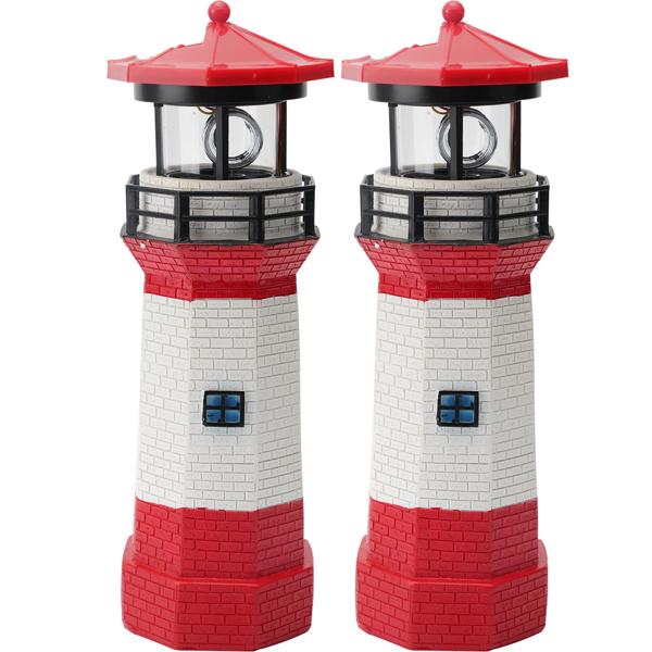 2er-Set Solar-Deko-Leuchtturm mit rotierendem Reflektor: Stimmungsvolle LED-Gartenlaterne (rot-weiss) mit Lichtsensor für maritime Atmosphäre
