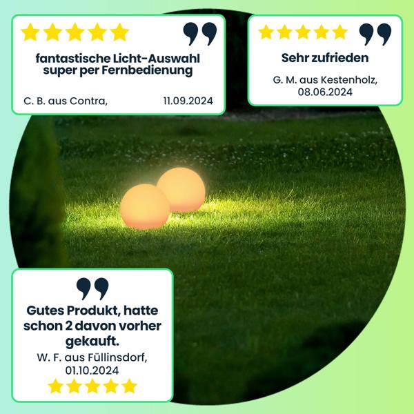 2er-Set Solar-LED-Leuchtkugel, Ø 20cm, RGBW mit Fernbedienung, 60 Lu, IP67. Farbwechsel-Lichtkugel für Garten & Terrasse, wetterfest & kabellos