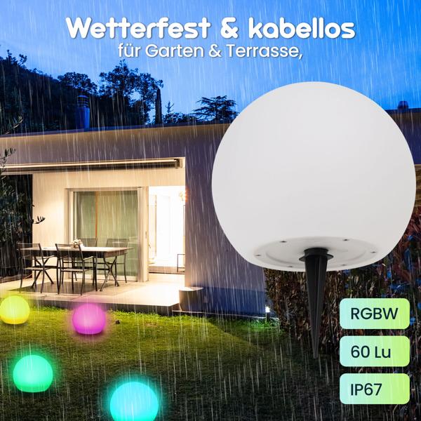 2er-Set Solar-LED-Leuchtkugel, Ø 20cm, RGBW mit Fernbedienung, 60 Lu, IP67. Farbwechsel-Lichtkugel für Garten & Terrasse, wetterfest & kabellos