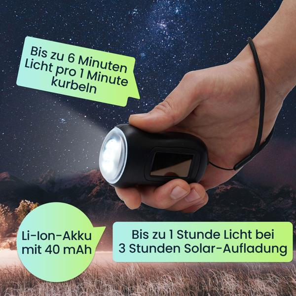 2er-Set praktische Survival Dynamo-Taschenlampe mit Solarpanel, 3 High Power LEDs, 20 Lumen, Akku, ideal für Outdoor Abenteuer und Camping