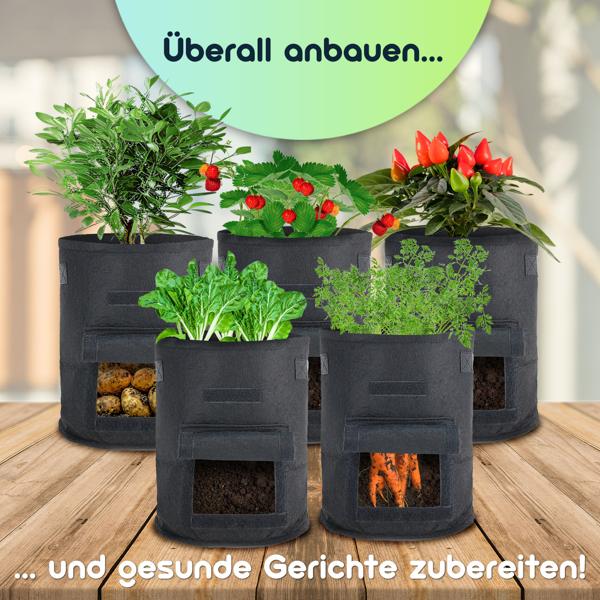 Atmungsaktive 10L Pflanzen-Wachstumssäcke aus Filz, 10er-Set, mit Tragegriffen und Sichtfenster, für Kartoffeln, Gemüse, Beeren und mehr, leicht und robust