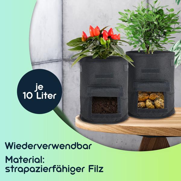 Atmungsaktive 10L Pflanzen-Wachstumssäcke aus Filz, 10er-Set, mit Tragegriffen und Sichtfenster, für Kartoffeln, Gemüse, Beeren und mehr, leicht und robust