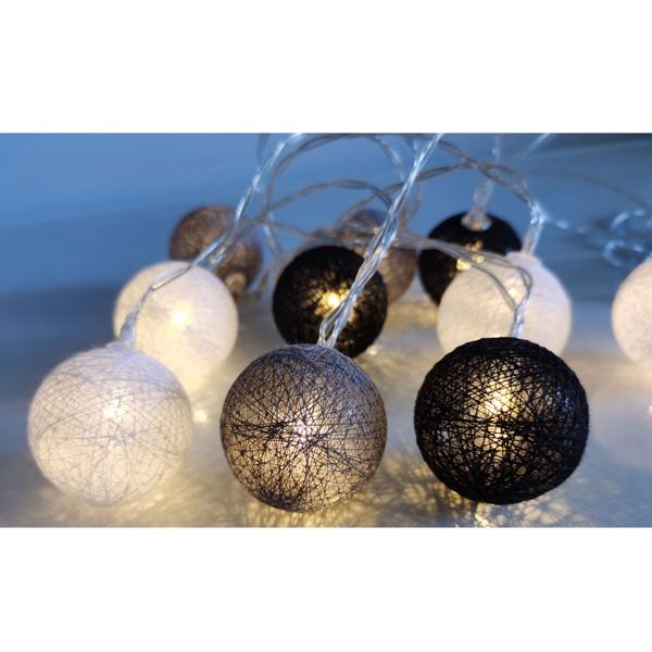 Dekorative Lichterkette mit 10 Baumwoll-Lampions (weiss-grau-schwarz) – Für eine stimmungsvolle Beleuchtung im Innenbereich