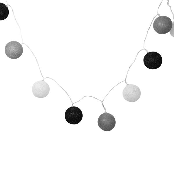 Dekorative Lichterkette mit 10 Baumwoll-Lampions (weiss-grau-schwarz) – Für eine stimmungsvolle Beleuchtung im Innenbereich
