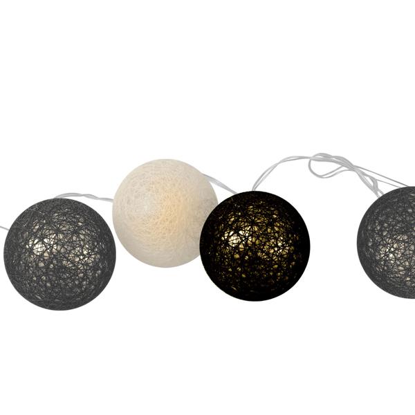 Dekorative Lichterkette mit 10 Baumwoll-Lampions (weiss-grau-schwarz) – Für eine stimmungsvolle Beleuchtung im Innenbereich
