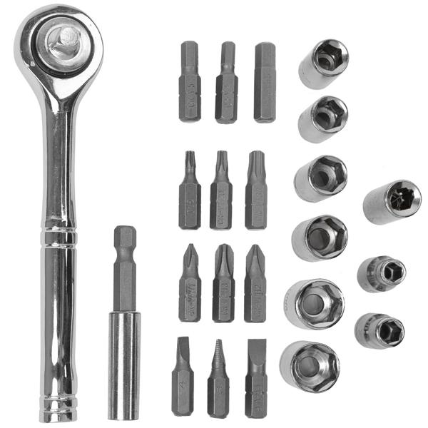 23-teiliger Steckschlüssel- & Bitsatz, verchromter Stahl. Hochwertige Nüsse & Bits für Heimwerker. Robust, langlebig, universell einsetzbar