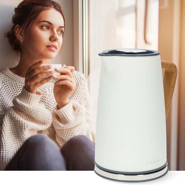 Eleganter Design Wasserkocher (1.7L, 2200W) in Weiss – Edelstahl, 360° drehbar, Soft-Touch – Stilvolles & komfortables Wassererhitzen