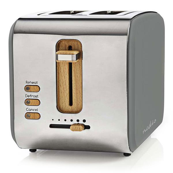 Design Toaster Soft Touch - 900 W Leistung, 6 Röststufen, Auftaufunktion - extra breite Schlitze, Edelstahl- & Holzoptik, grau
