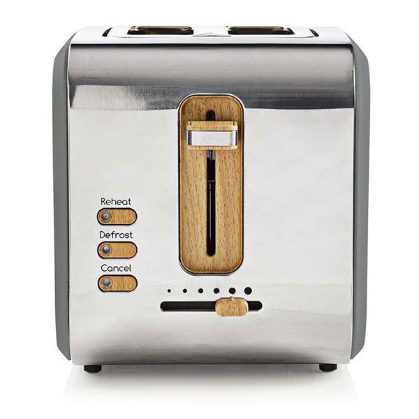 Design Toaster Soft Touch - 900 W Leistung, 6 Röststufen, Auftaufunktion - extra breite Schlitze, Edelstahl- & Holzoptik, grau