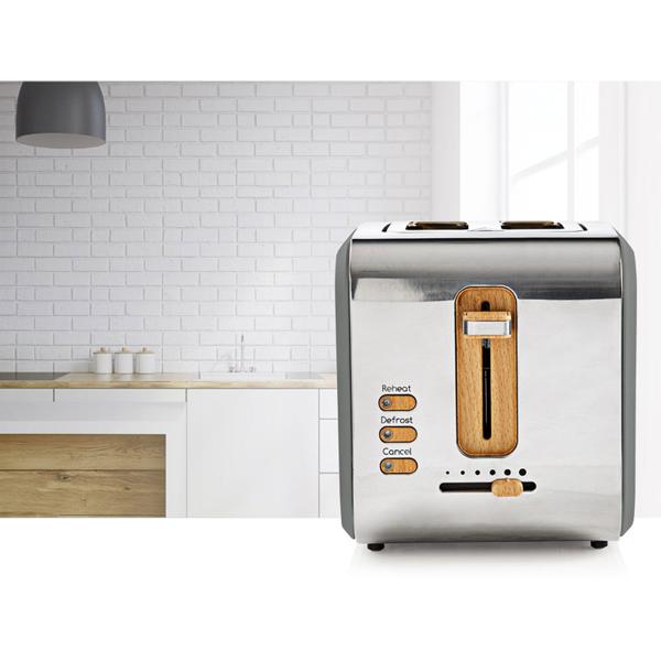 Design Toaster Soft Touch - 900 W Leistung, 6 Röststufen, Auftaufunktion - extra breite Schlitze, Edelstahl- & Holzoptik, grau
