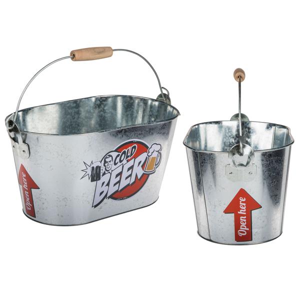 Biereimer aus Metall - Bierkühler mit Henkel, Holzgriff & integriertem Flaschenöffner - Oval, 6 Liter Volumen, ideal für Partys, Oktoberfest & Vatertag