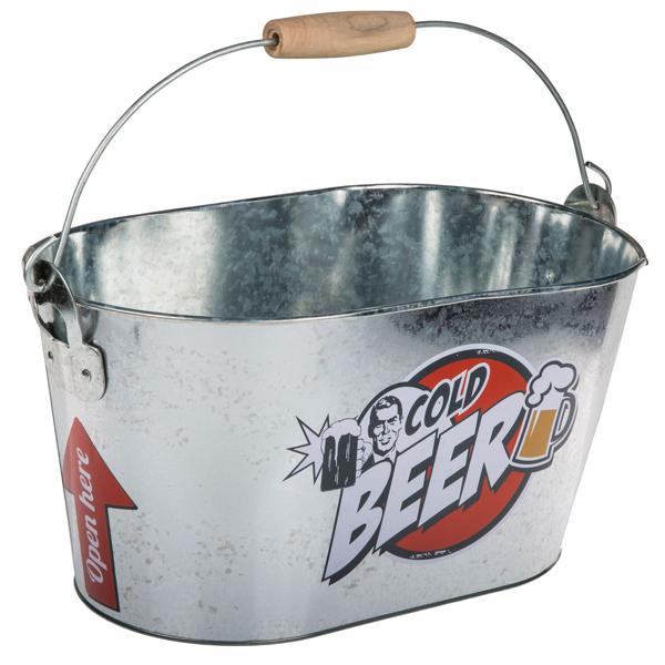 Biereimer aus Metall - Bierkühler mit Henkel, Holzgriff & integriertem Flaschenöffner - Oval, 6 Liter Volumen, ideal für Partys, Oktoberfest & Vatertag