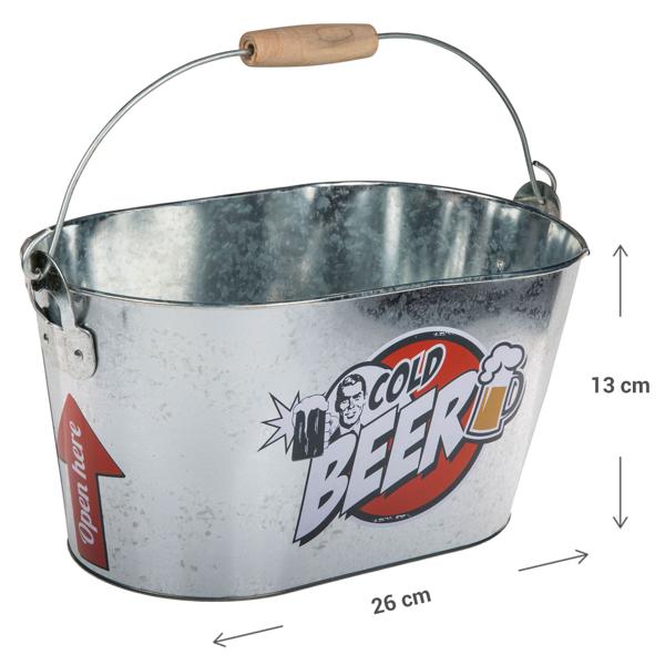 Biereimer aus Metall - Bierkühler mit Henkel, Holzgriff & integriertem Flaschenöffner - Oval, 6 Liter Volumen, ideal für Partys, Oktoberfest & Vatertag