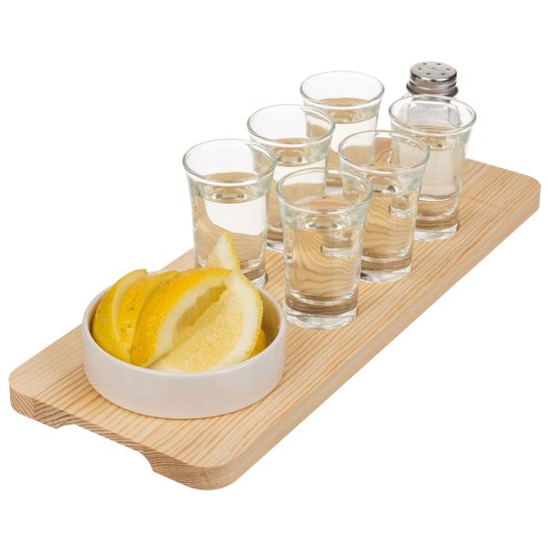 Tequila-Servier-Set 9-teilig - Inkl. 6 Gläser, Salzstreuer & Schälchen auf Holzbrett - Spülmaschinengeeignet, rutschfest & stilvoll für Partys
