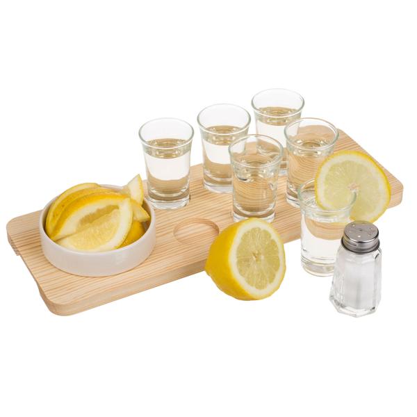 Tequila-Servier-Set 9-teilig - Inkl. 6 Gläser, Salzstreuer & Schälchen auf Holzbrett - Spülmaschinengeeignet, rutschfest & stilvoll für Partys