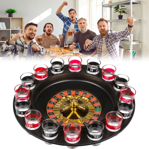 Roulette Trinkspiel mit 16 Gläsern - Partyspiel für 2-8 Spieler - Casino-Flair - Ø 30cm - Robustes Kunststoff - Inkl. 2 Kugeln