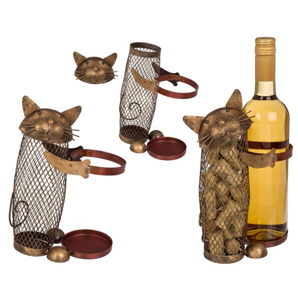 Flaschenhalter Metall Katze - mit Korkensammler & abnehmbarem Kopf - 18x10.5x19 cm - sicherer Halt für 750ml Wein- & Spirituosenflaschen