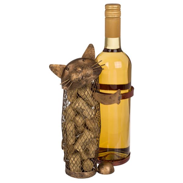 Flaschenhalter Metall Katze - mit Korkensammler & abnehmbarem Kopf - 18x10.5x19 cm - sicherer Halt für 750ml Wein- & Spirituosenflaschen