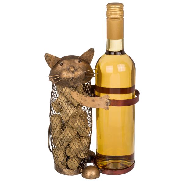 Flaschenhalter Metall Katze - mit Korkensammler & abnehmbarem Kopf - 18x10.5x19 cm - sicherer Halt für 750ml Wein- & Spirituosenflaschen