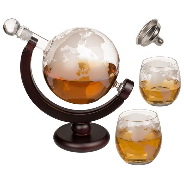 Weltkugel Getränkespender Set: 300 ml Spender, 2 Gläser: Holzständer, Originelles Design, für besondere Getränkemomente