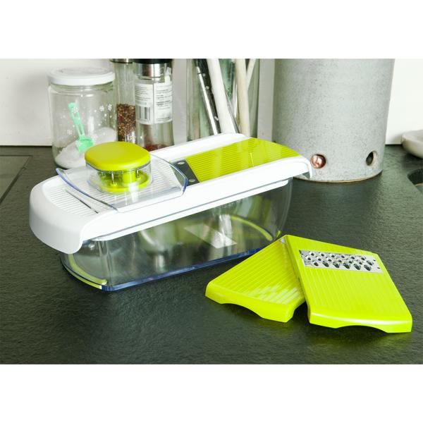 Gemüsereibe Mandoline - 3 Schneiden (Raspeln, Hobeln, Julienne) - Einstellbares Rad für Scheibengrössen - Inkl. Handgriff & Auffangbehälter - Edelstahlklingen