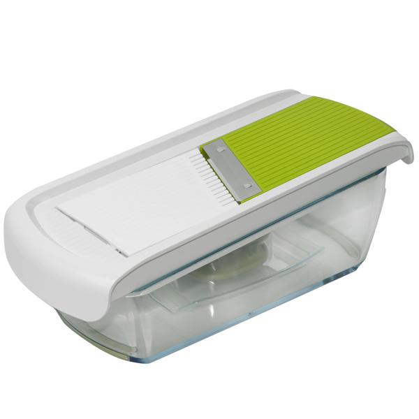 Gemüsereibe Mandoline - 3 Schneiden (Raspeln, Hobeln, Julienne) - Einstellbares Rad für Scheibengrössen - Inkl. Handgriff & Auffangbehälter - Edelstahlklingen