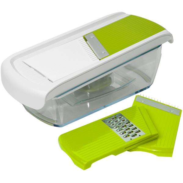 Gemüsereibe Mandoline - 3 Schneiden (Raspeln, Hobeln, Julienne) - Einstellbares Rad für Scheibengrössen - Inkl. Handgriff & Auffangbehälter - Edelstahlklingen