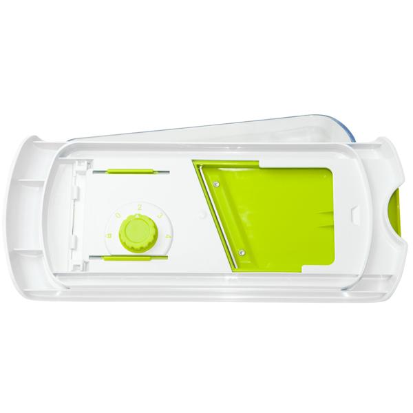 Gemüsereibe Mandoline - 3 Schneiden (Raspeln, Hobeln, Julienne) - Einstellbares Rad für Scheibengrössen - Inkl. Handgriff & Auffangbehälter - Edelstahlklingen