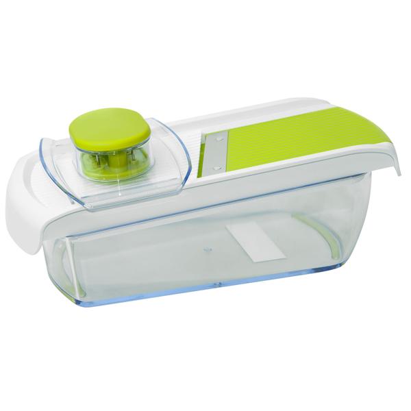 Gemüsereibe Mandoline - 3 Schneiden (Raspeln, Hobeln, Julienne) - Einstellbares Rad für Scheibengrössen - Inkl. Handgriff & Auffangbehälter - Edelstahlklingen