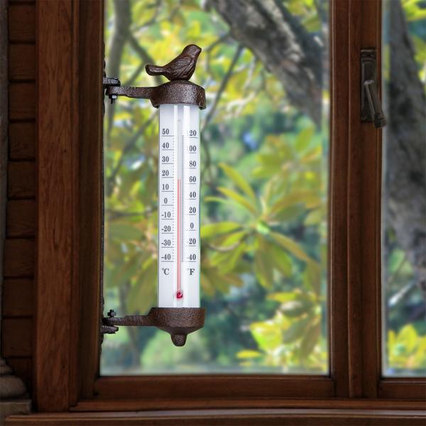 Nostalgisches Wand-Thermometer mit Vogel, Gusseisen – Drehbare Gartenanzeige im Antik-Stil, schmückende Aussendekoration