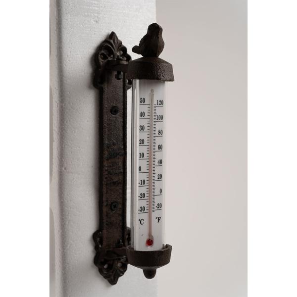 Nostalgisches Wand-Thermometer mit Vogel, Gusseisen – Drehbare Gartenanzeige im Antik-Stil, schmückende Aussendekoration