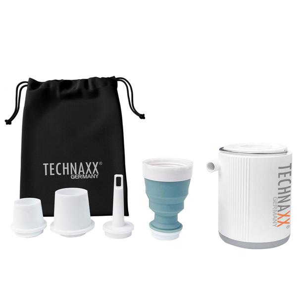 Kompakte Akku-Luftpumpe mit 5 Aufsätzen & LED-Licht – weiss, ideal für Luftmatratzen, Schwimmringe, Camping & Urlaub, immer dabei