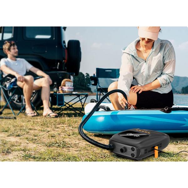Akku-SUP-Luftpumpe (120W) mit Powerbank – Kabellose Pumpe mit 20 PSI, 7500 mAh Akku & Digitalanzeige, inkl. 6 Aufsätze