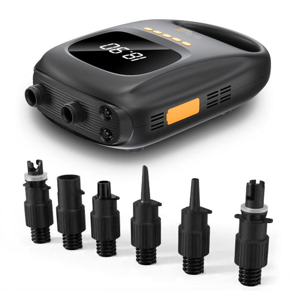 Akku-SUP-Luftpumpe (120W) mit Powerbank – Kabellose Pumpe mit 20 PSI, 7500 mAh Akku & Digitalanzeige, inkl. 6 Aufsätze